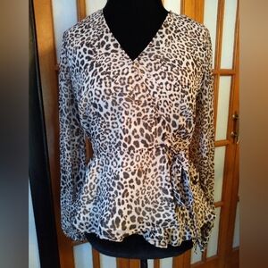 Women's Leopard Print Wrap Peplum Blouse With Tie By Vixbe Sz. M